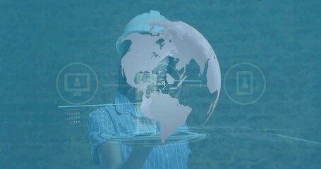 Poster - Animation of data processing over caucasian female worker with tablet