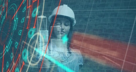 Poster - Animation of data processing over caucasian female worker with hologram