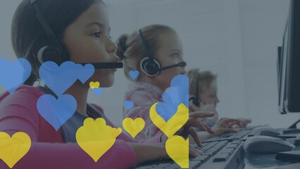 Poster - Animation of hearts over diverse children using phone headsets in office