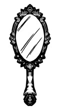 Antique Mirror With Handle Doodle. Occult Witch Magic Tool. Halloween Hand Drawn Vector Illustration In Retro Style. Ink Sketch Isolated On White.