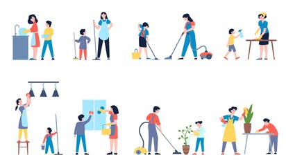 Kids parents cleaning. Help house to mom, happy family clean home. Teenage and children helping mother and father houseworking, laundry recent vector scene