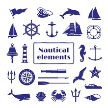 Nautical Elements Set. Nautic Icon, Sea Bell And Boat, Ship Wheel. Marine Seagull Silhouette, Crab And Seahorse. Navy Compass, Vintage Tidy Vector Stickers