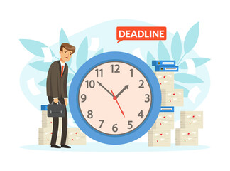 Poster - Tired Man Office Worker with Sad Face Having Urgent Deadline and Loads of Paperwork Vector Illustration