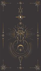 Wall Mural - vector mystic celestial background with golden outline insect, stars, moon phases, crescents and fra