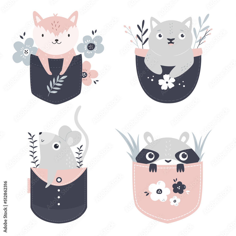 Mouse Cat Racoon Vector illustrations of a cute raccoon, fox, cat and mouse sitting in ...