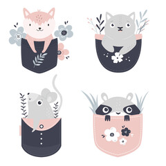 Wall Mural - Vector illustrations of a cute raccoon, fox, cat and mouse sitting in little pockets