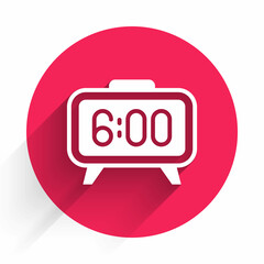 Poster - White Digital alarm clock icon isolated with long shadow. Electronic watch alarm clock. Time icon. Red circle button. Vector