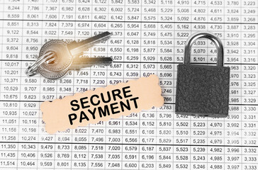 Poster - Against the background of a table with reports, a lock, keys and a sign with the inscription - Secure payment