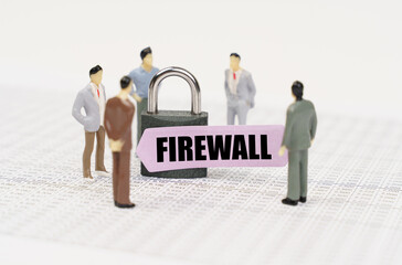 Poster - There are figures of people on business reports, a padlock with a sticker on which it is written - Firewall