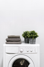 Stacked Grey Towels And Plants In Pot On Washing Machine