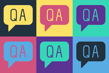 Pop Art Speech Bubbles With Question And Answer Icon Isolated On Color Background. Q And A Symbol. FAQ Sign. Chat Speech Bubble And Chart. Vector