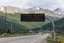 Expect Delays Highway Sign On Interstate 70 In The Rocky Mountains Of Colorado