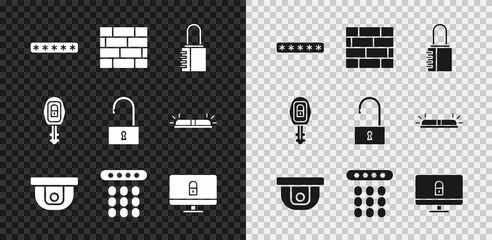 Poster - Set Password protection, Bricks, Safe combination lock, Motion sensor, Lock computer monitor, Car key with remote and Open padlock icon. Vector