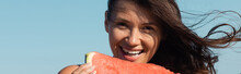Happy Young Woman Eating Sliced And Juicy Watermelon In Summertime, Banner.