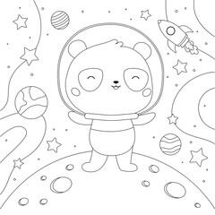 Coloring page with cute panda, planets, moon and stars on space background. Cartoon kawaii animal. Vector illustration for coloring book.