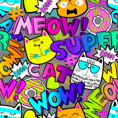Aufkleber - abstract seamless pattern for little girls with colorful funny cats. fashion illustration in comic s