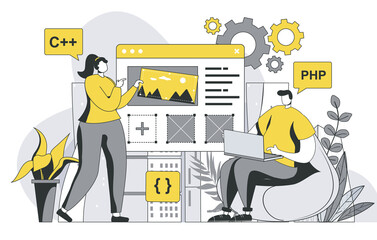 Developers team concept with outline people scene. Man and woman are developing application or website interface, programming and coding. Illustration in flat line design for web template