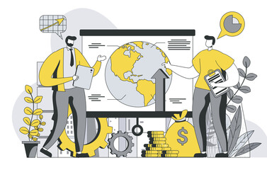 Global business strategy concept with outline people scene. Men discuss expansion strategy on globe map, marketing in international company. Illustration in flat line design for web template