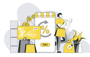 Fototapete - Money transfer concept with outline people scene. Woman customer pays for purchases in online service at mobile application using credit card. Illustration in flat line design for web template