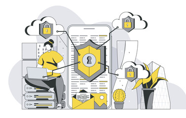 Network security concept with outline people scene. Woman uses secure login to personal account, protects data and files on mobile phone. Illustration in flat line design for web template