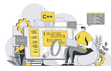Fototapete - Programming software concept with outline people scene. Developer codes in different languages, creates programs and software, optimizes apps. Illustration in flat line design for web template