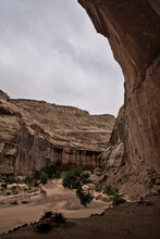 Towering Sandstone Cliffs Line The Sides A Desert Canyon
