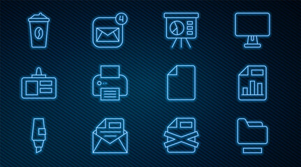 Poster - Set line Document folder, with graph chart, Board, Printer, Identification badge, Coffee cup to go, File document and Envelope icon. Vector