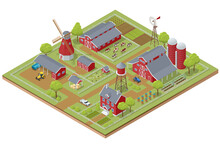 Isometric Agricultural Farm Buildings, Windmill Barn And Silo Sheds Hay Garden Beds And Tractor. Pulling, Pushing Agricultural Machinery, Trailers, Ploughing, Tilling, Disking, Harrowing, Planting.