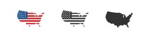 Pixel Map And Flag USA. 8-bit United States Of America Patriotic Emblems Set. Vector Isolated Flat Dot Illustration