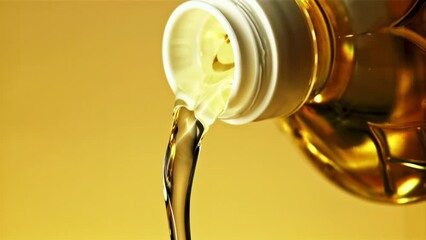 Poster - A stream of olive oil pours out of the bottle. On a yellow background. Filmed on a high-speed camera at 1000 fps. 