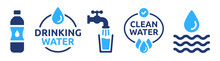 Drinking Water Icon Vector Set. Tap Water With Glass, Bottle And Clean Water Sign Symbol Illustration.