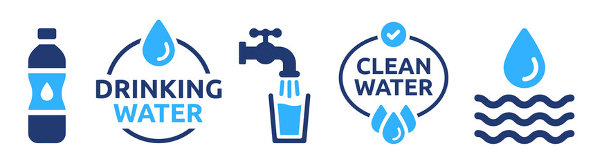 Drinking water icon vector set. Tap water with glass, bottle and clean water sign symbol illustration.