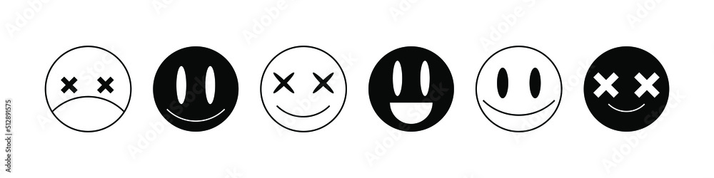 Cool rave smiley icons set. Flat style emojis illustration isolated on ...