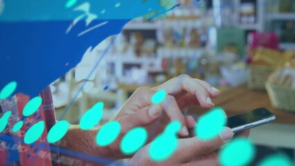 Poster - Animation of graphs over hands of caucasian man using smartphone at shop