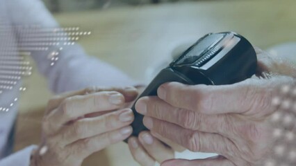 Poster - Animation of data processing over hands of caucasian people using payment terminal