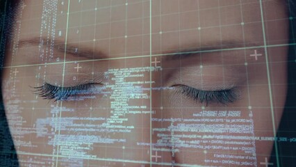 Poster - Animation of data processing over face of caucasian woman with closed eyes