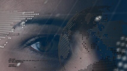 Poster - Animation of world map, data processing and eyes of caucasian woman
