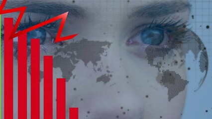 Aufkleber - Animation of world map and graphs over eyes of caucasian woman