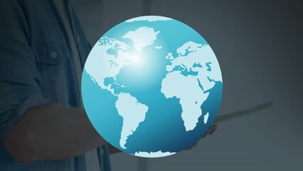 Poster - Animation of globe over hands of caucasian man using tablet