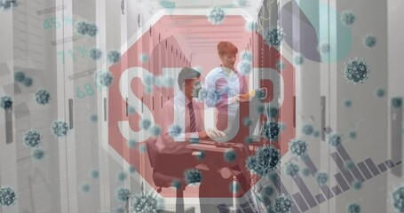 Poster - Animation of virus cells and stop sign over caucasian workers in server room
