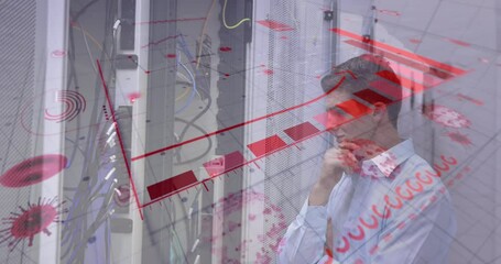 Poster - Animation of data processing over caucasian male worker in server room