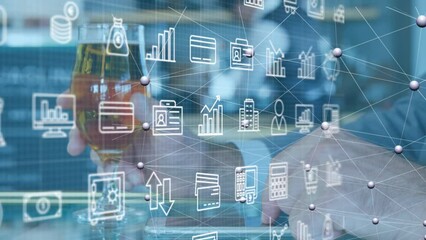 Poster - Animation of business icons over caucasian man using smartphone