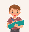 © Tenstudio - Cute little boy student holding pen and notebook writing making note