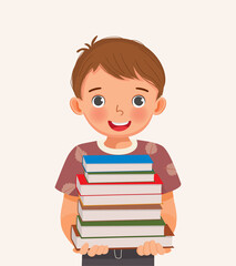 Wall Mural - cute little boy student holding stack of books
