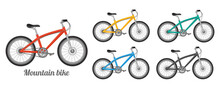 Mountain Bike Or Speed Sport Bicycle Icon Set. Biking Activity, Rental, Repair Cycles In City. MTB For Extreme Downhill Ride. Ecological Transport For Street Road Travel. Healthy Cycling Trip. Vector