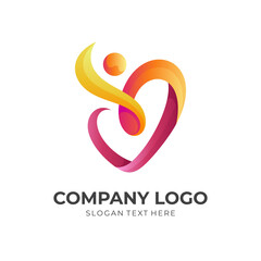 human love logo vector, people and love combination logo with 3d red and yellow color style