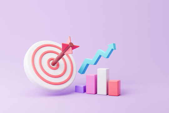 Arrow hit the center of target and stock chart. 3d render illustration