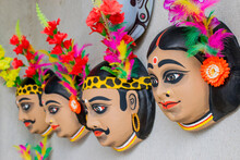 Colorful Chhau (or Chhou) Masks Of Santal Tribes , Handicrafts On Display For Sale - At Charida, Purulia - Bangla (formerly West Bengal), India. Chhau Or Chhou Is Traditional Tribal Dance.