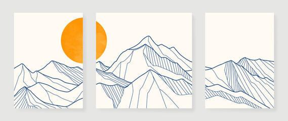 Wall Mural - set of abstract mountain wall art vector. hills, panorama view, line mountains, sunset in line art. 