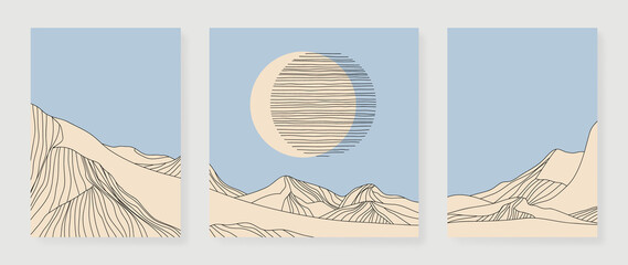 Wall Mural - set of abstract mountain wall art vector. hills, panorama view, line mountains, sunset in line art. 